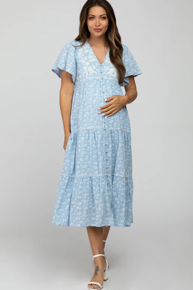 Light Blue Floral Embroidered Button Front Maternity Midi Dress | PinkBlush Maternity