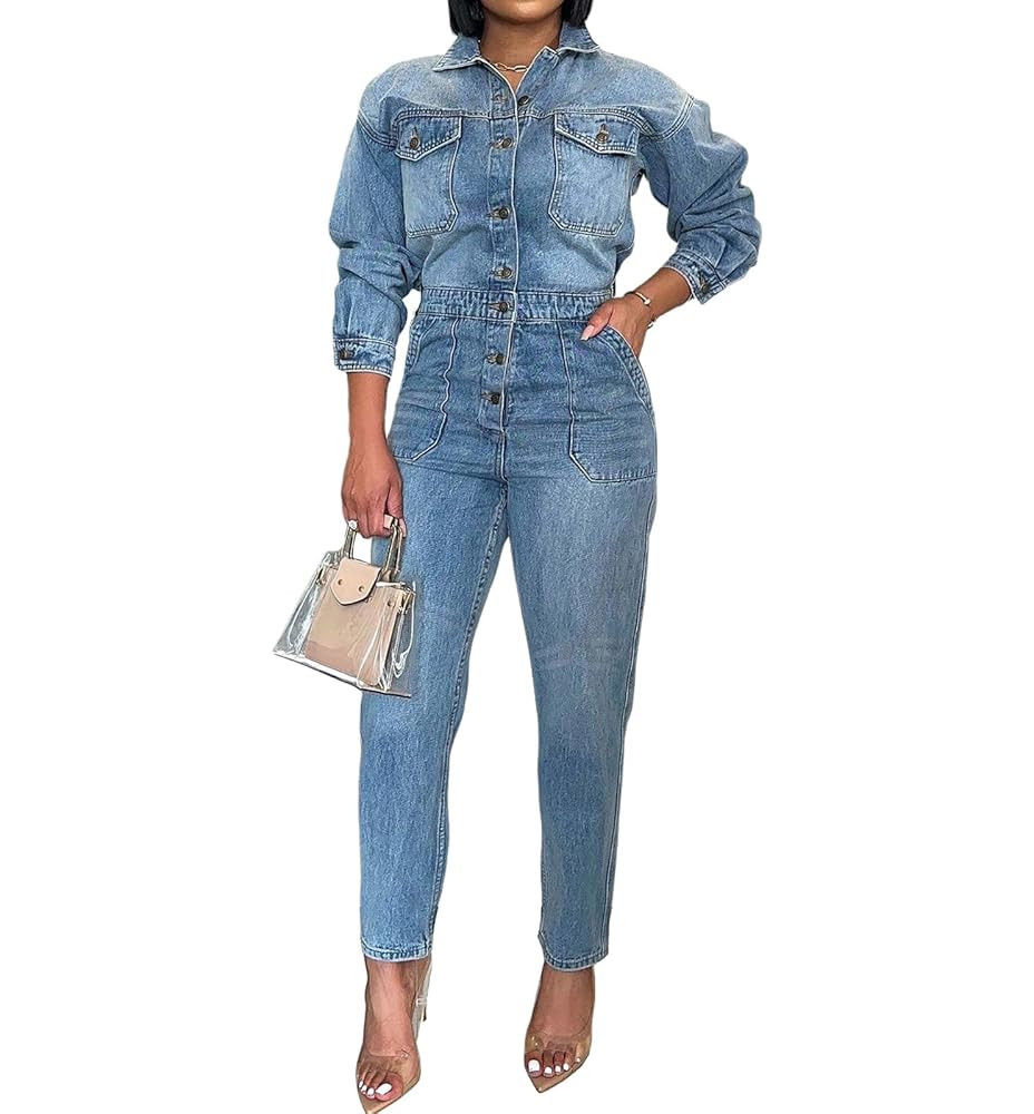 Denim Jumpsuit for Women Long Sleeve Button Down Jean Jumpsuit Stretch Slim Straight Leg Jeans Lo... | Amazon (US)