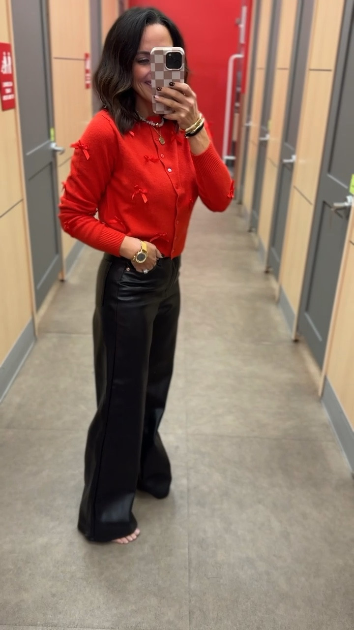 Adorable long sleeve cardigan with mini bows! Love how feminine it is, it comes in 4 different colors and runs TTS.
Y’all and this pair of flare faux leather pants are SO good! They’re soft and lightweight, the entire look is a 10 and is a super cute and stylish option for family photos ❤️

Elevated casual, Christmas outfit, chic style, sweater, cozy vibes, winter fashion, Target style, VintagePickin




#LTKSeasonal #LTKootd #LTKHoliday