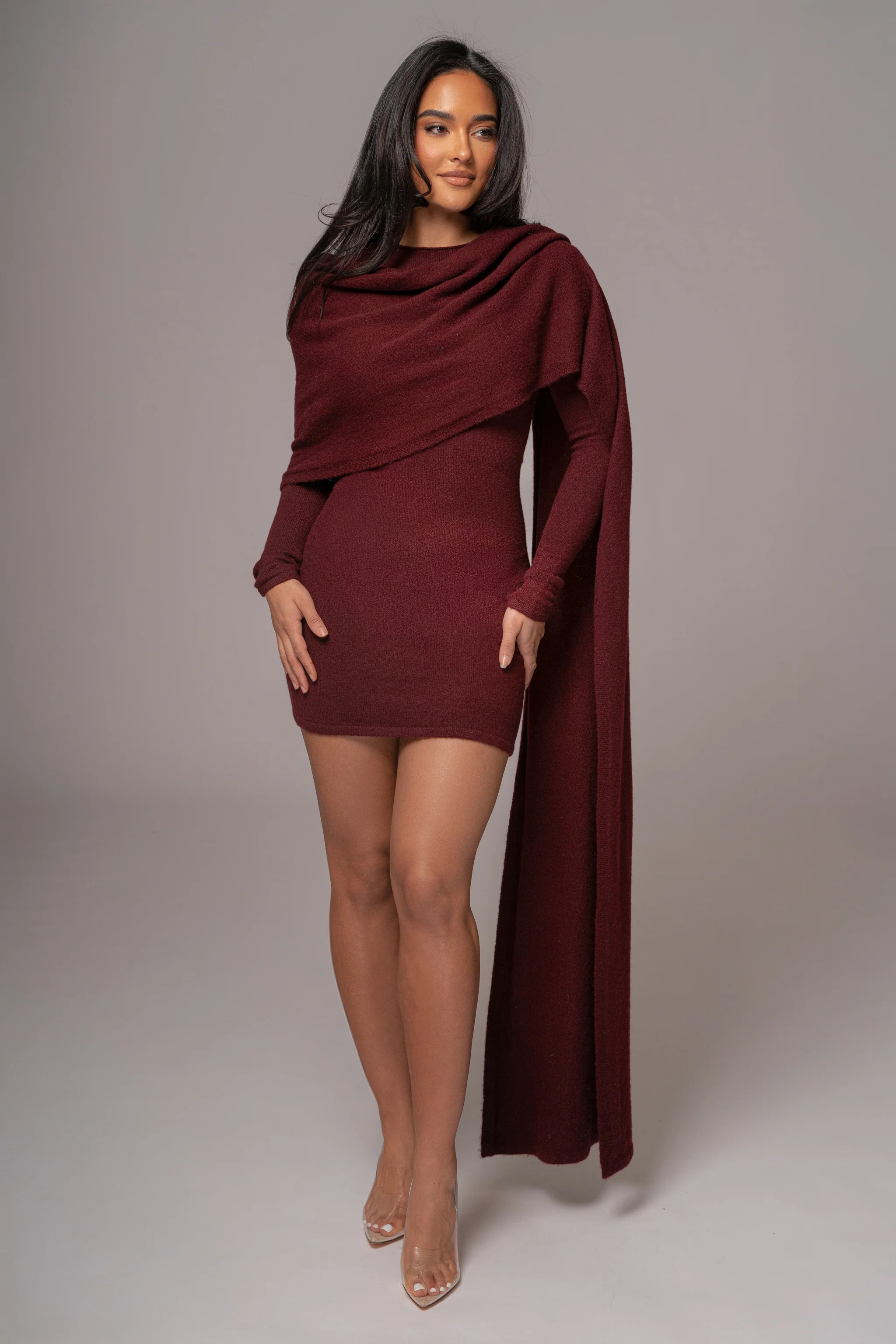 Burgundy Scarf Draped Mini Dress | JLUXLABEL