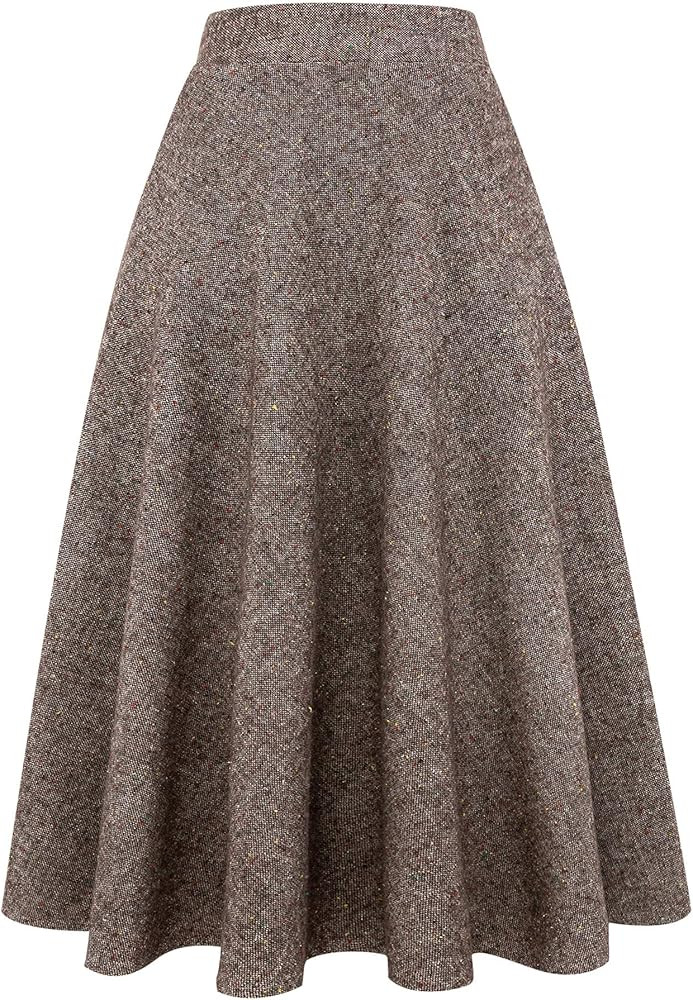 IDEALSANXUN Womens Plaid Wool Skirts Elastic Waist A-Line Pleated Tartan Long Skirts | Amazon (US)