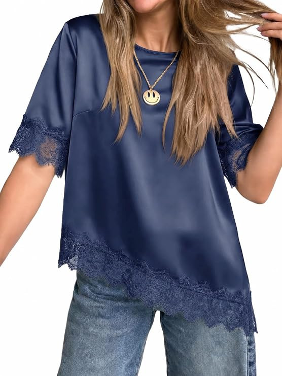 Tankaneo Womens Satin Silk Blouse Short Sleeve Loose Fit Lace Top Summer Dressy Casual Asymmetric... | Amazon (US)
