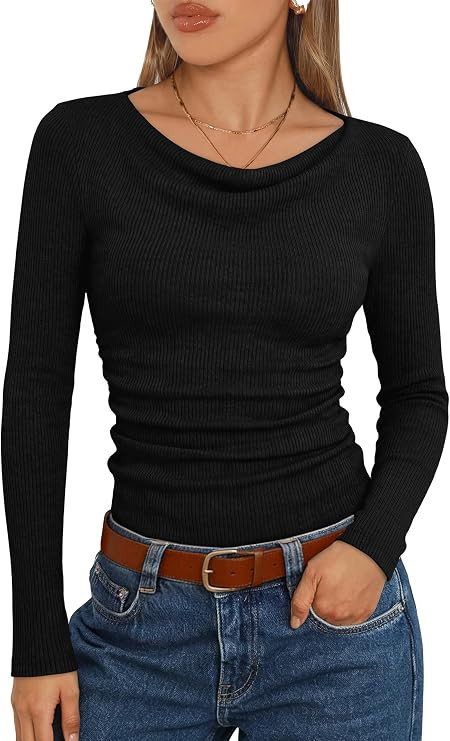 WIHOLL Women's Cowl Neck Tops Long Sleeve Shirts Ruched Going Out Tops Basic Shirts Slim Fit Fash... | Amazon (US)
