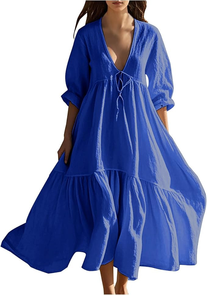 JOAU Women's Summer Boho Loose Short Sleeve Tiered Maxi Dress Casual Tie V Neck Flowy A-Line Swin... | Amazon (US)