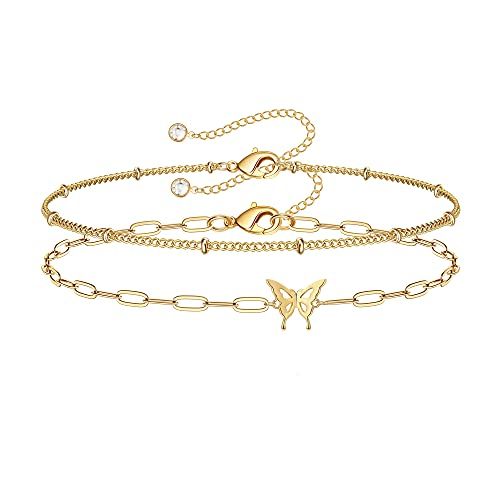 Dainty Gold Bracelets for Women, 14K Gold Filled Adjustable Layered Bracelet Cute Evil Eye Oval C... | Amazon (US)