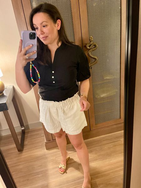 Easy to throw on puff sleeve tee that’s very similar to Veronica Beard - runs tts, I’m wearing a medium 
High rise linen shorts in white. True to size and lined. 
Both shirt and top are each under $30 
Vacation style, mom outfits, easy to wear outfits, spring outfits, preppy outfits 

#LTKstyletip #LTKfindsunder50