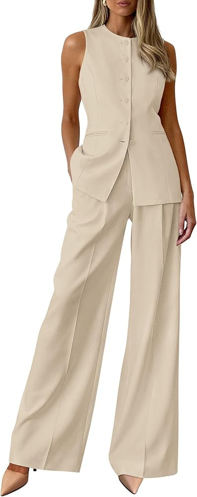 PRETTYGARDEN Women's 2 Piece Sets Summer 2026 Work Clothes Sleeveless Blazer Vest Pants Suits Spr... | Amazon (US)