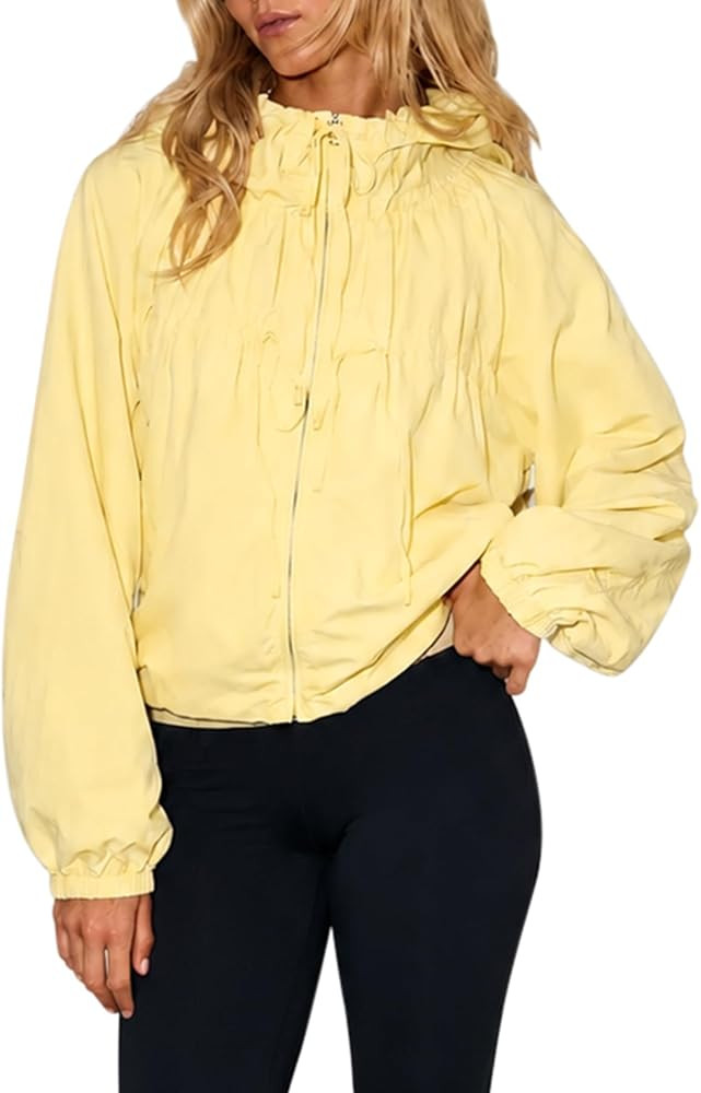 CHYRII Women's Gathered Hooded Zip-Up Jacket Long Sleeve Outerwear Coat | Amazon (US)