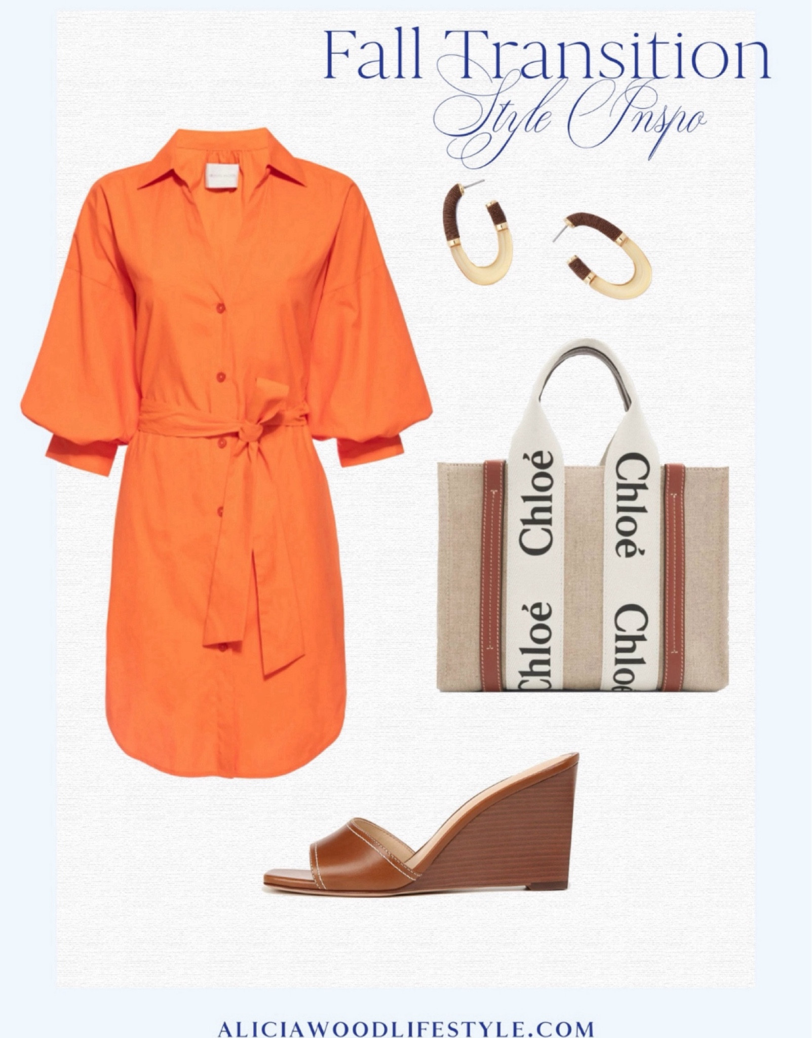 Belted popover Kate  shirt dress
Tan wedge sandals
Chloe Woody Tote in tan and canvas 
Horn hoop earrings 

#LTKStyleTip #LTKOver40 #LTKSeasonal