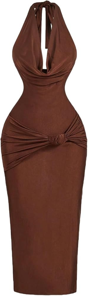 Floerns Women's Elegant Midi Dress Draped Halter Neck Twist Formal Bodycon Dresses | Amazon (US)