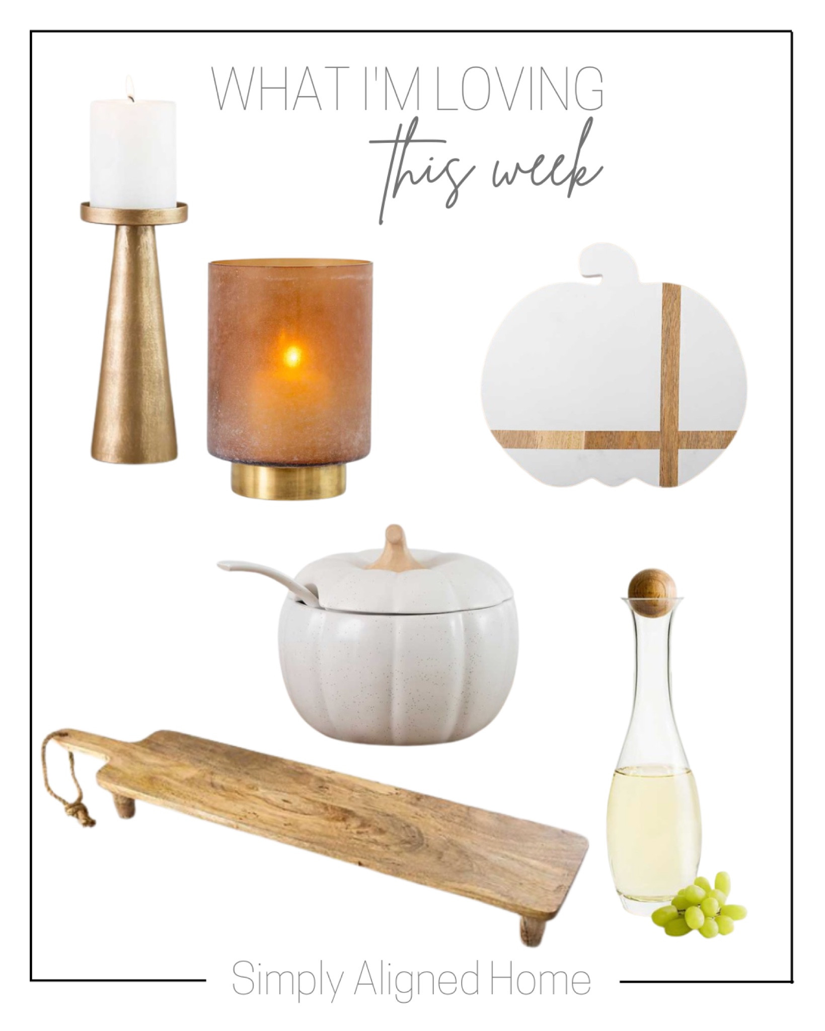 —Modern brushed gold pillar candle holder—spice glass hurricane candle holder with brass base—oak ball stopper glass carafe—white pumpkin wood stripe serving board—matte white pumpkin tureen with ladle—rustic mango wood serving board with legs

#LTKstyletip #LTKHalloween #LTKhome
