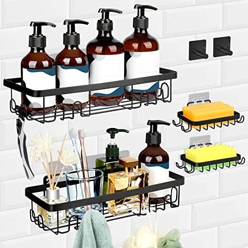 6 Pack Adhesive Shower Caddy, Shower Organizer Shelf with 2 Soap Holders, Towel Hooks, No Drilling W | Amazon (US)