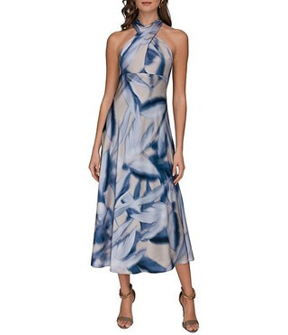 Leaf Print Charmeuse Halter Neck Sleeveless Gown | Dillard's