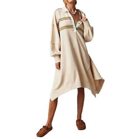 Niceyoeuk Women Sweatshirts Dress Patchwork Turn-Down Collar Long Sleeve Dress | Walmart (US)