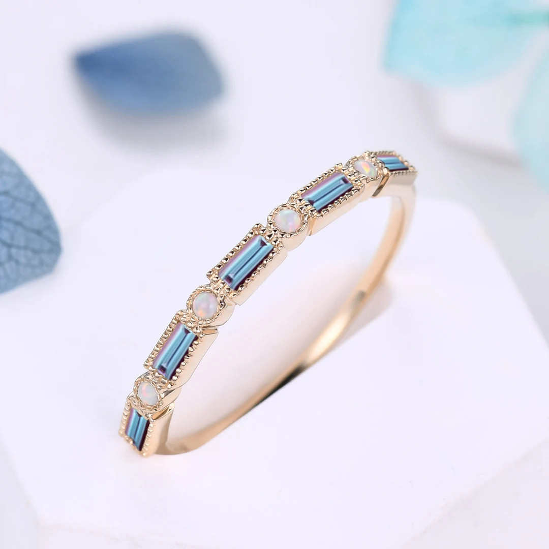 Vintage Alexandrite Opal Wedding Band: Baguette Cut Stacking Ring | Etsy (US)