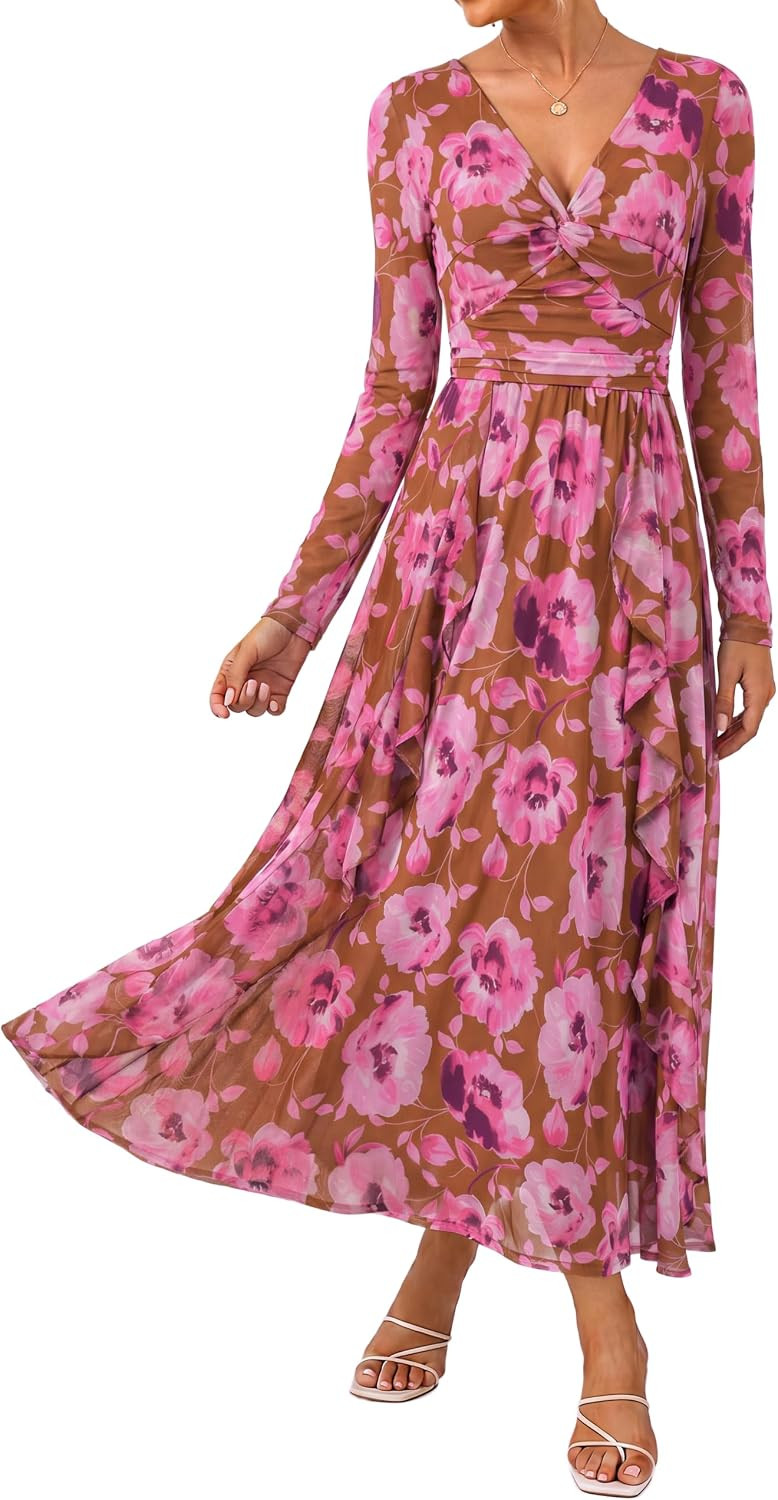 GRACE KARIN Women's Long Sleeve Floral Maxi Formal Wedding Guest Dress | Amazon (US)