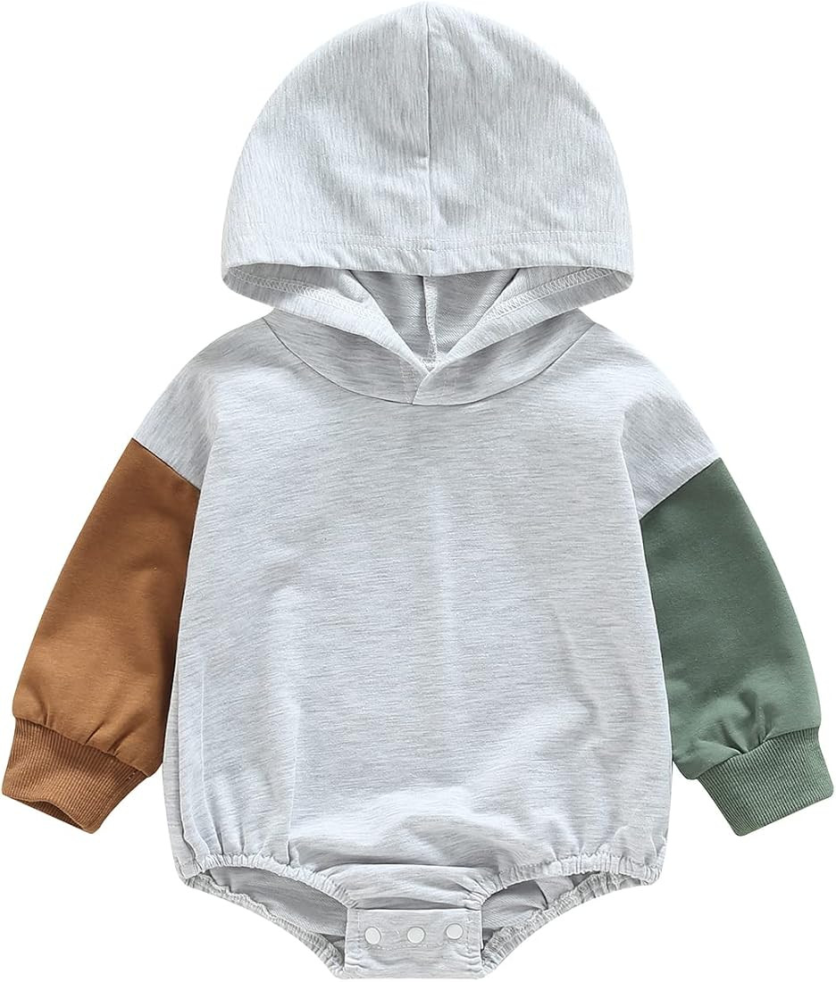 Newborn Baby Boy Clothes Color Block Hooded Romper Long Sleeve Zipper Onesie Bodysuit Cute Outfit | Amazon (US)