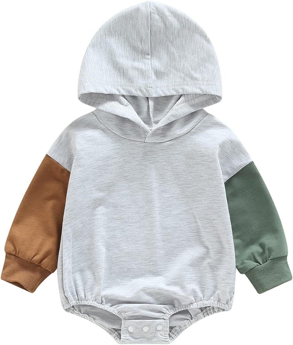 Newborn Baby Boy Clothes Color Block Hooded Romper Long Sleeve Zipper Onesie Bodysuit Cute Outfit | Amazon (US)