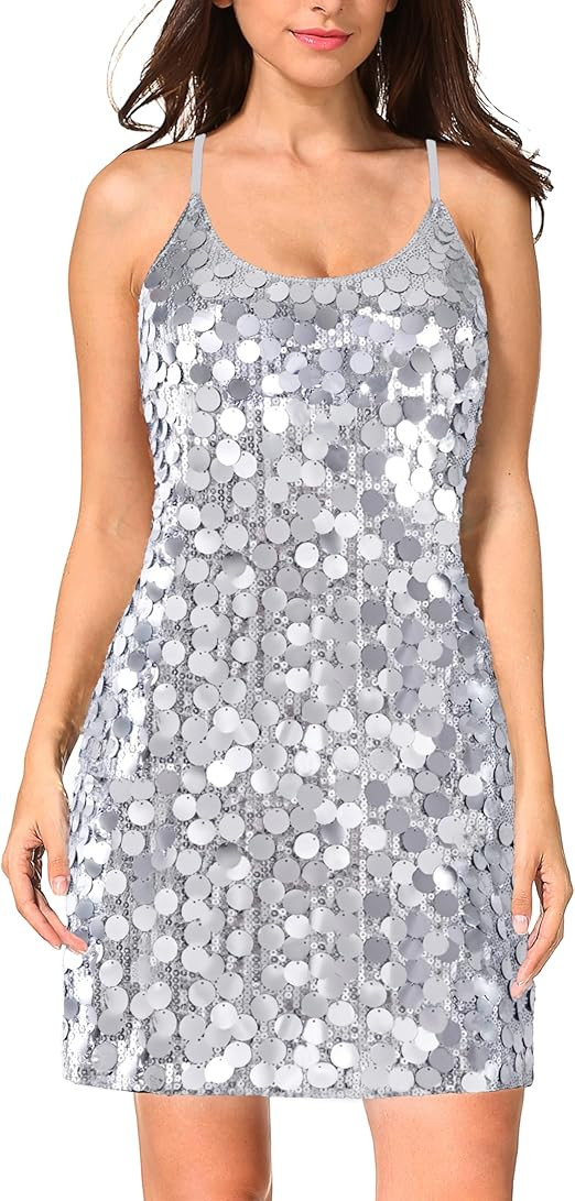 MANER Women's Glitter Sequin Dress Adjustable Spaghetti Strap Sparkle Party Dresses | Amazon (US)