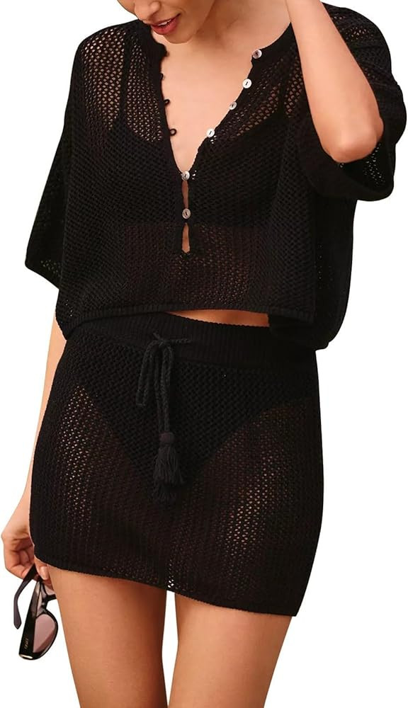 Pink Queen 2 Piece Crochet Swimsuit Cover Ups for Women Hollow Out Knitted Bathing Suit Coverup B... | Amazon (US)