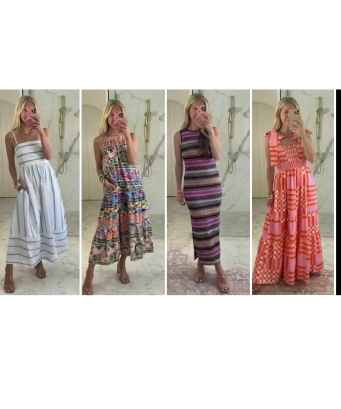 A light-filled bathroom mirror-selfie collage featuring four feminine summer maxi and midi dresses worn by the same woman. Soft natural daylight, white marble flooring, clean neutral background. Look 1: white and pale blue striped sleeveless midi dress with delicate straps, airy and coastal. Look 2: tiered midi dress with vibrant multicolor floral and geometric prints, relaxed boho charm. Look 3: sleeveless fitted maxi dress with horizontal woven stripes in purple, pink, and neutral tones, modern bohemian feel. Look 4: coral and pink tiered maxi dress with mixed stripe and check patterns, playful resort style. Effortless styling, cohesive color story, editorial Pinterest layout, fashion influencer aesthetic, high resolution, no text.

Hashtags:
#summerdresses #maxidressstyle #bohostyle #resortwear #pinterestfashion #coastalvibes #europeansummer #vacationoutfits #effortlessstyle #colorfulfashion #resortstyle #styledsummer #ootdinspo #fashioninspo #trendystyle #travelstyle

#LTKGiftGuide #LTKActive #LTKSeasonal