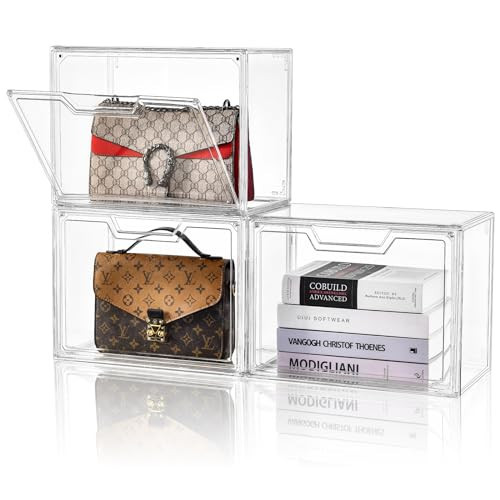 Purse Organizer for Closet,Clear Acrylic Display Case for Handbag Organizer, Purse Storage Box with Magnetic Door, Plastic Storage Bins for Book, Collectibles, Cosmetic (3 Pack) | Amazon (US)