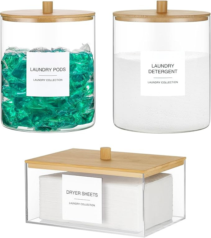 3 Pack Glass Jars and Acrylic Dryer Sheet Holder, Laundry Pods Container with Bamboo Lid and Meas... | Amazon (US)
