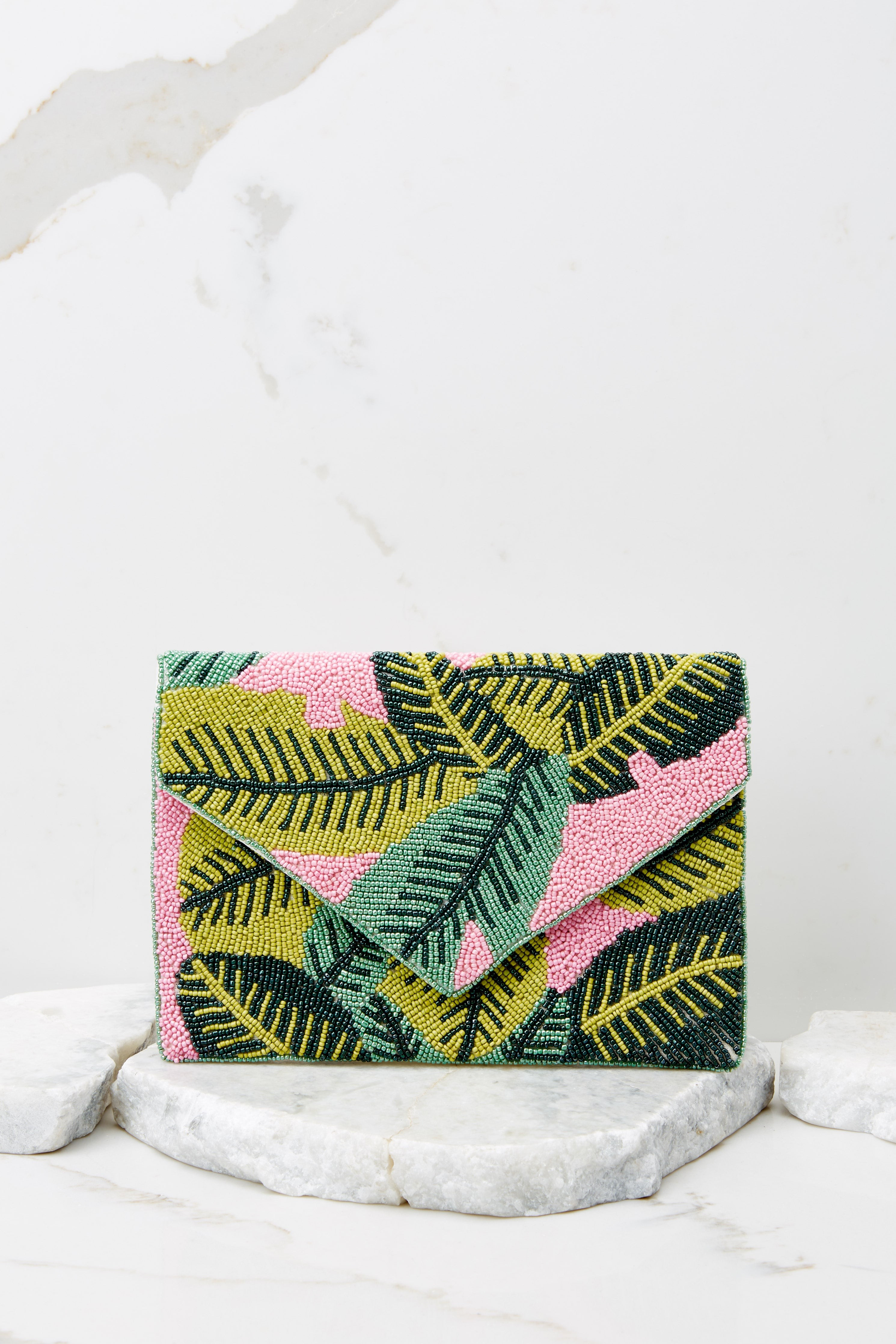 Under The Palm Tree Pink And Green Beaded Clutch | Red Dress 