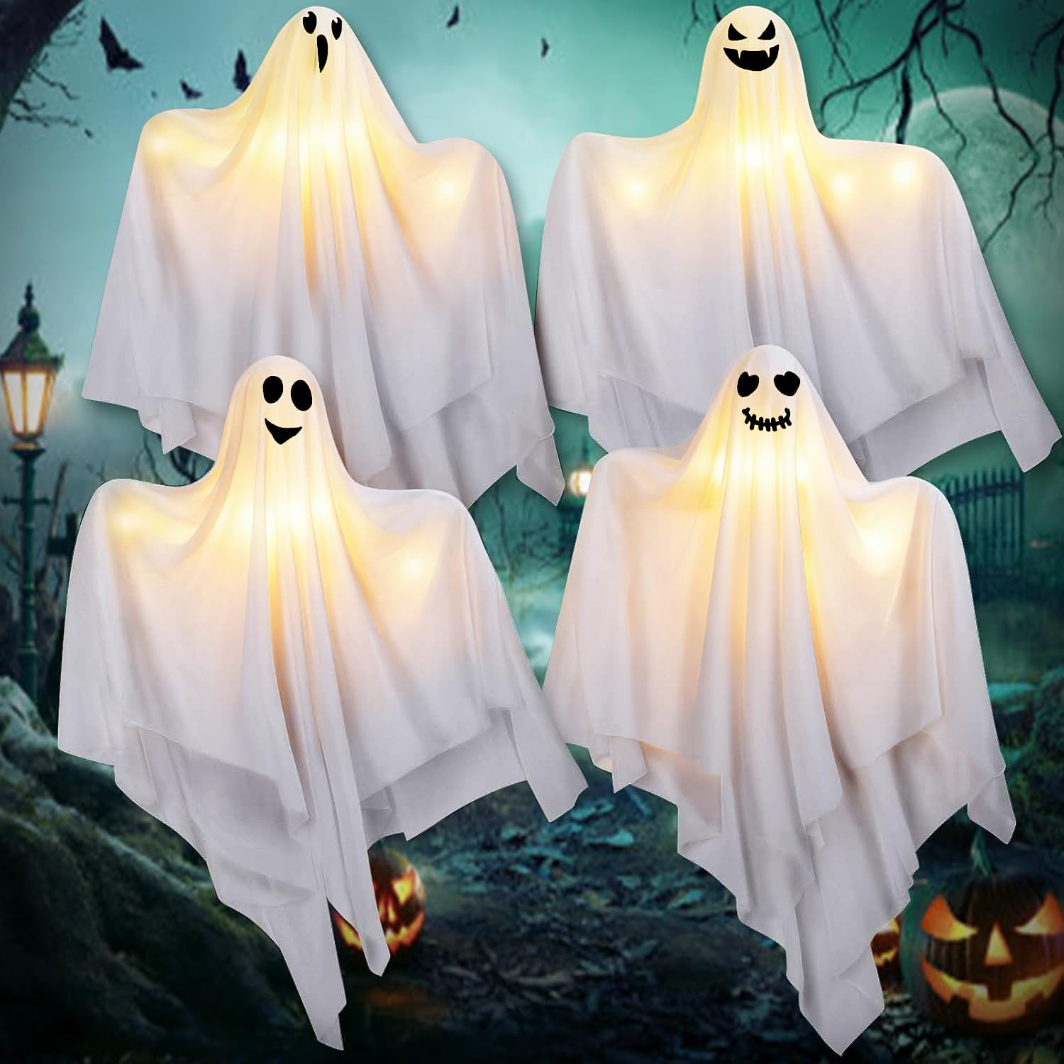 Halloween Hanging Ghosts Outdoor Decorations, 4 Pack 28" Cute Hanging Ghosts Decor Outdoor, Hallo... | Amazon (US)