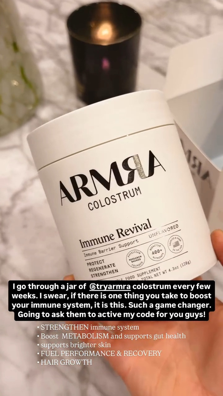 I go through a jar of ARMRA colostrum every few weeks. I swear, if there is one thing you take to boost your immune system, it is this. Such a game changer.
Going to ask them to activate my code for you guys!

The benefits:
• STRENGTHEN immune system
• Boost METABOLISM and supports gut health
• supports brighter skin
• FUEL PERFORMANCE & RECOVERY
• HAIR GROWTH

#LTKActive