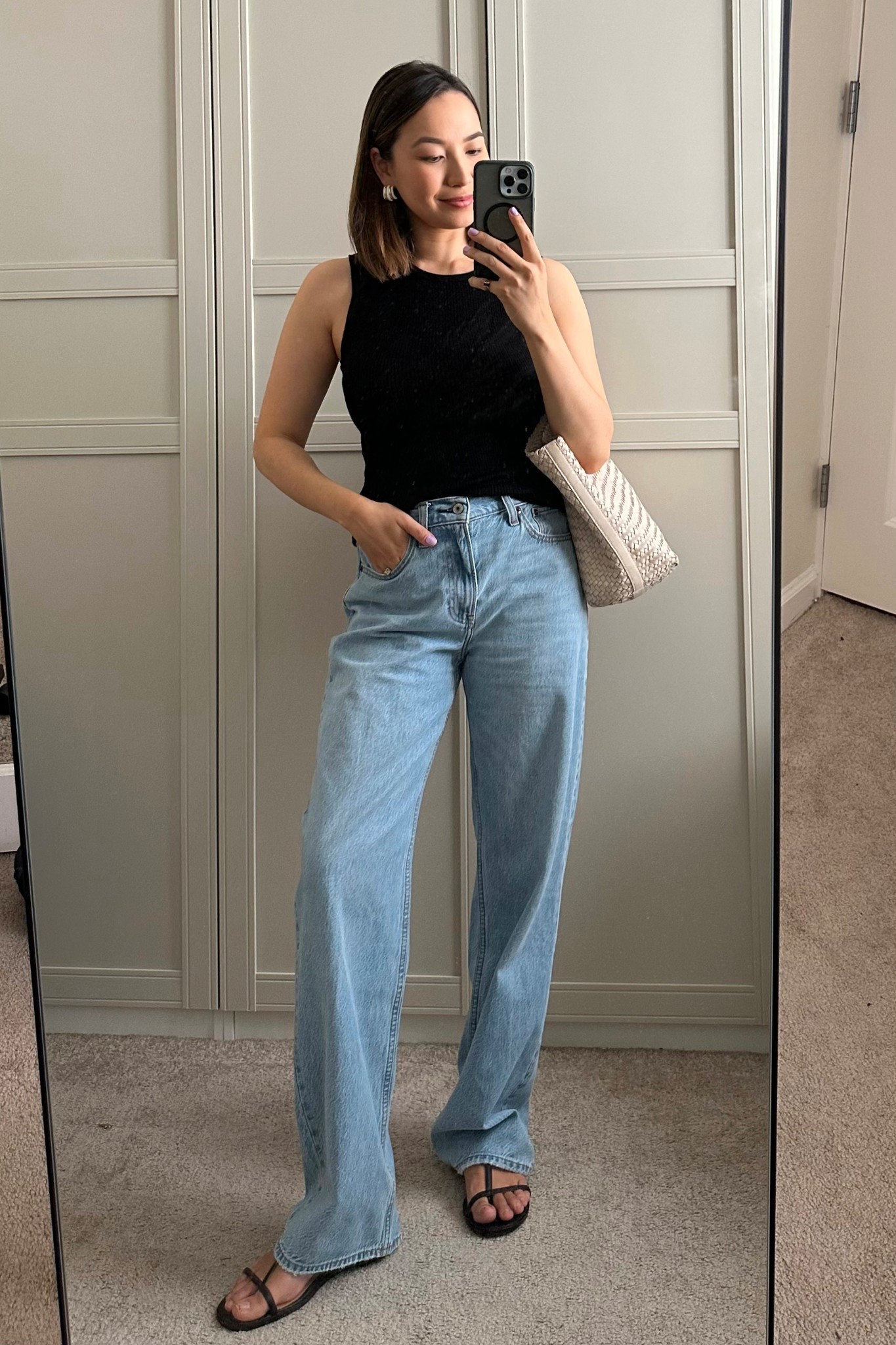 Casual chic spring outfit 

Everlane tank top- small, beautiful fine merino wool
Abercrombie loose jeans - on sale under $60 (use code AFJEAN to stack). regular inseam, great comfy mom/postpartum jean.
Madewell sandals - from last year, linked similar 
Madewell tote 

#LTKFindsUnder100 #LTKSeasonal #LTKSaleAlert