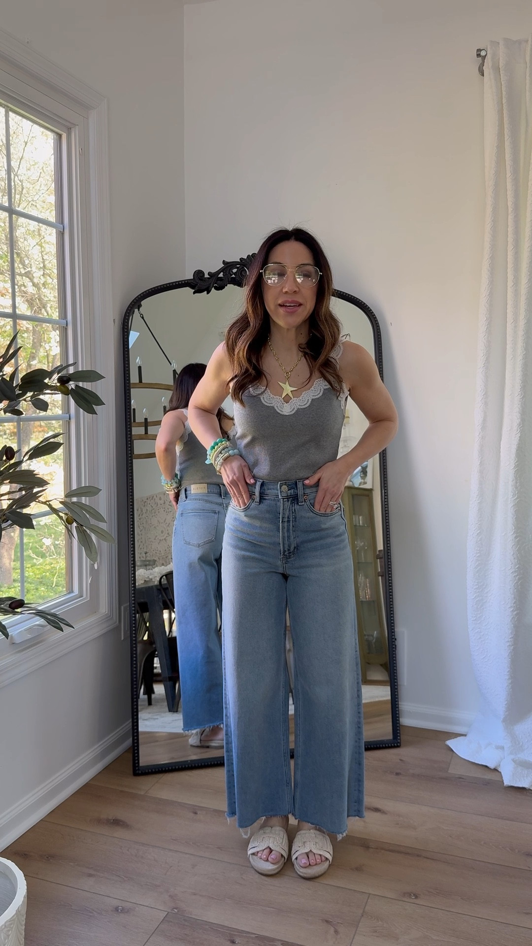 Pistola jeans, 20% offsite wide Jeans 26. Tanks Xs. Sandals tts. Tank code LTK10. Jewelry code HOUSEOFLEO20. Glasses code TAMMY10AM. @Pistola Denim 

Wide leg jeans

#LTKPetite #LTKOver40 #LTKSaleAlert