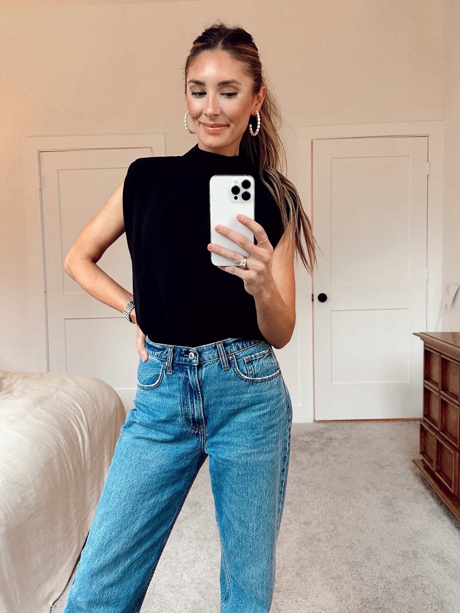My favorite high rise loose jeans are on major sale (and have a stackable code through the LTK app) 🖤 making them $57!! Code can be applied to other pieces as well!! #ltksalealert #loosejeans #highrisejeans #af