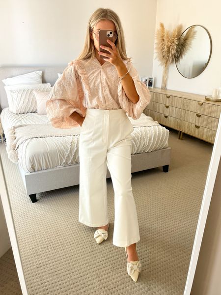Blouse - Im wearing a size XS and it fits perfectly. I’m OBSESSED with this blouse. It’s so dressy and effortless. 

Pants - I’m wearing a size 8 as the 6 were out of stock. Sometimes I can get away with a size up but they are very true to size so I will need to return them and wait for a 6 to come in stock















#LTKstyletip #LTKshoecrush #LTKfit
