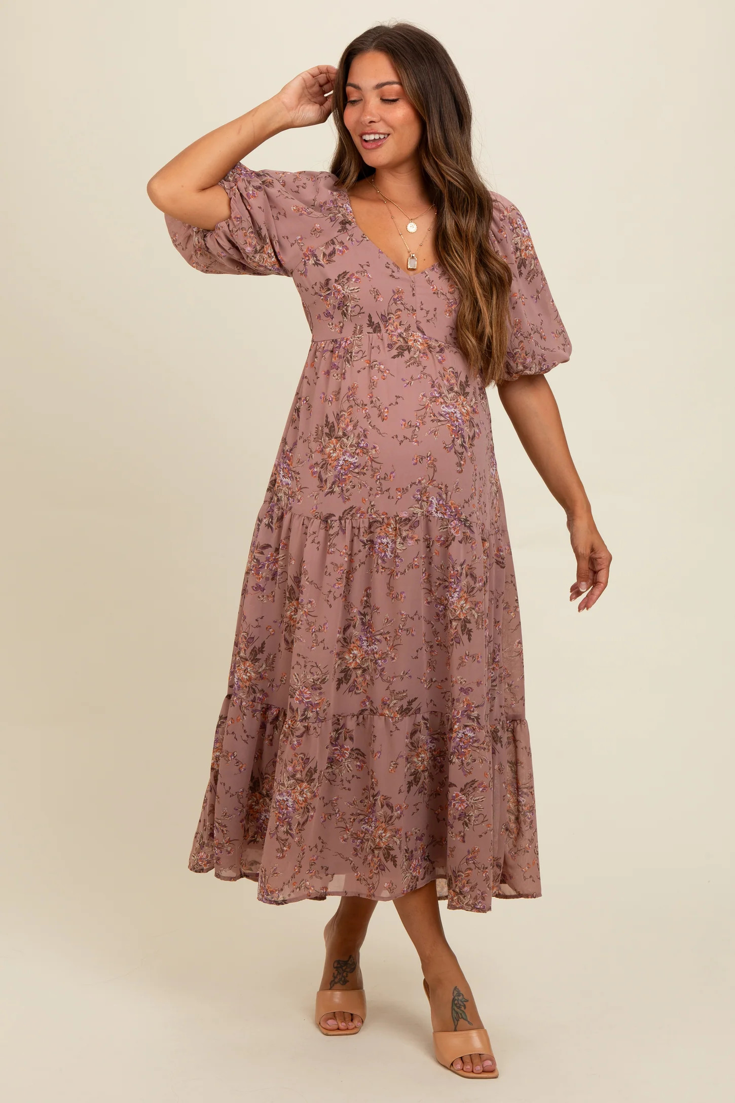 Mauve Floral Tiered Puff Sleeve Maternity Maxi Dress | PinkBlush Maternity