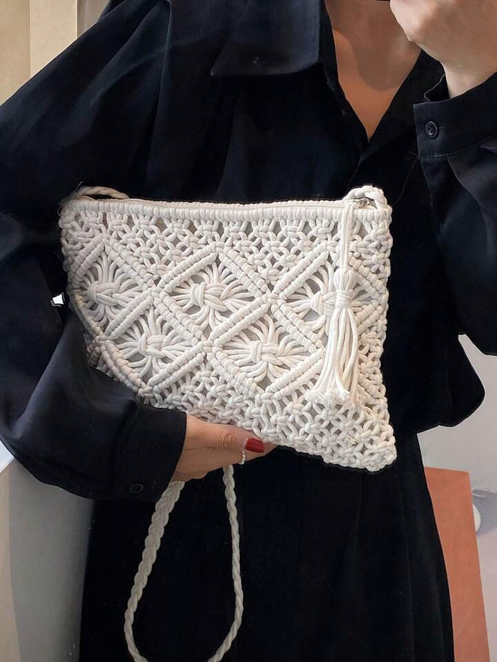 White Tassel Decor Crochet Bag Vacation Hollow Out Zipper Nylon | SHEIN