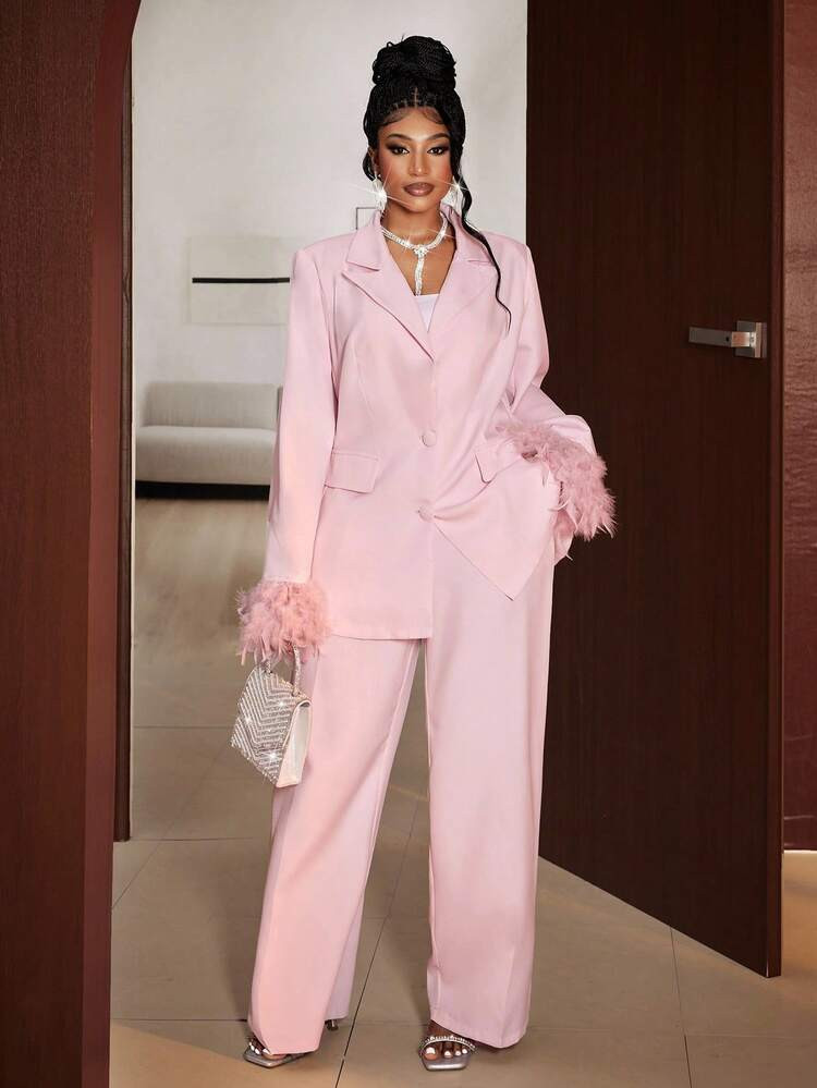 Maweii Plus Size Women's Solid Color Padded Shoulder Long Sleeve Cuff Decor Elegant Blazer + Casual Pants 2 Pieces Set, Chic Outfit For Going Out And Commuting, Autumn/Winter Fall | SHEIN