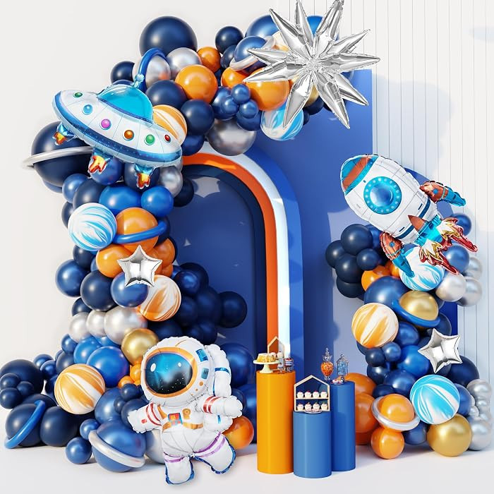 Ouddy Party 139Pcs Outer Space Party Decorations Balloon Garland Kit, Space Birthday Party Supplies UFO Astronaut Themed Navy Blue Silver Foil Latex Balloons for Boys Kids | Amazon (US)