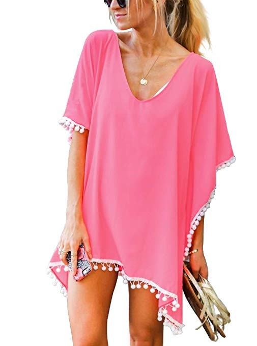 Adreamly Women's Pom Pom Trim Kaftan Chiffon Swimwear Beach Cover Up | Amazon (US)