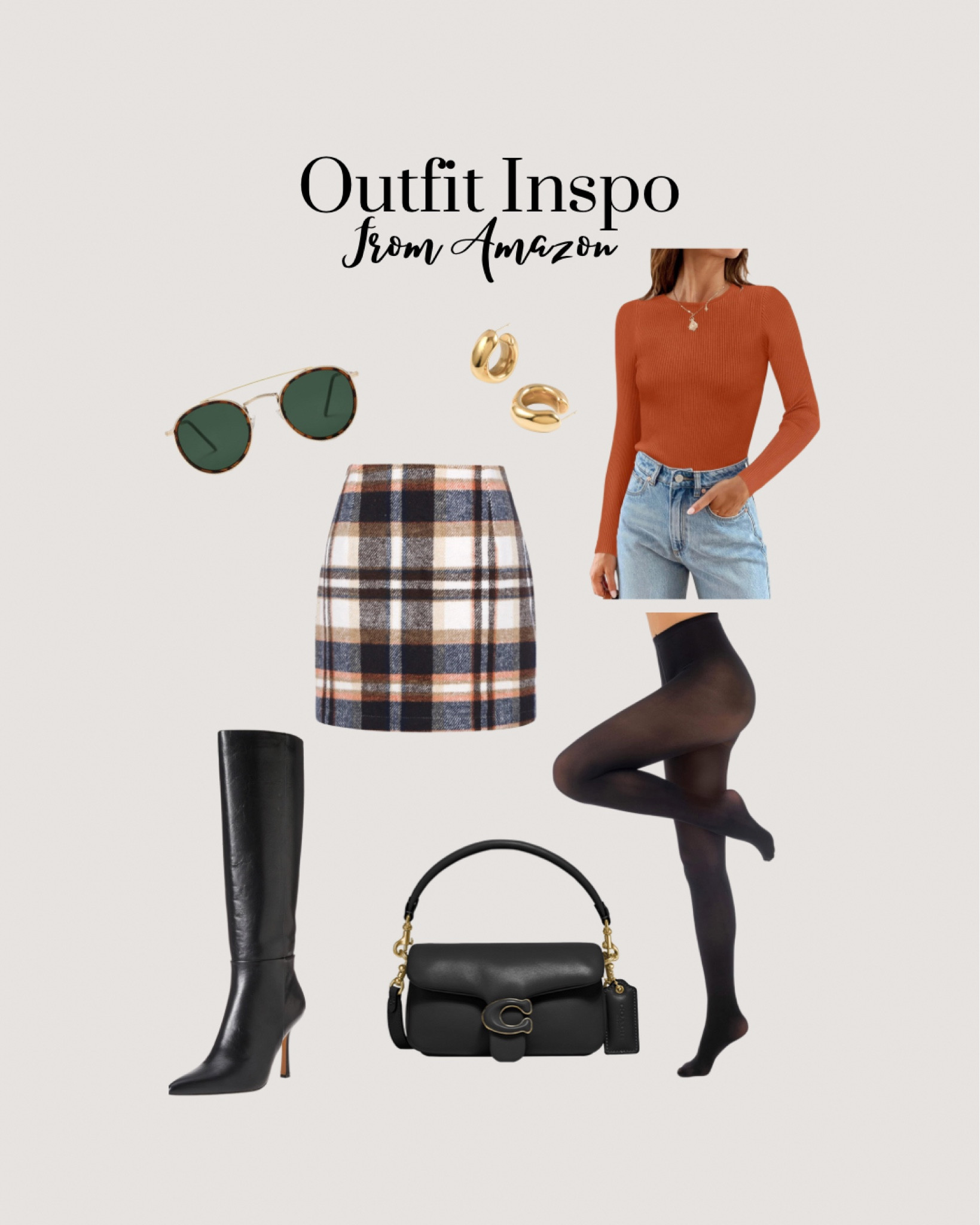 Outfit inspo with plaid pencil skirt, orange top, black knee high heeled boots, black shoulder bag, and gold jewelery

#LTKitbag #LTKshoecrush #LTKstyletip