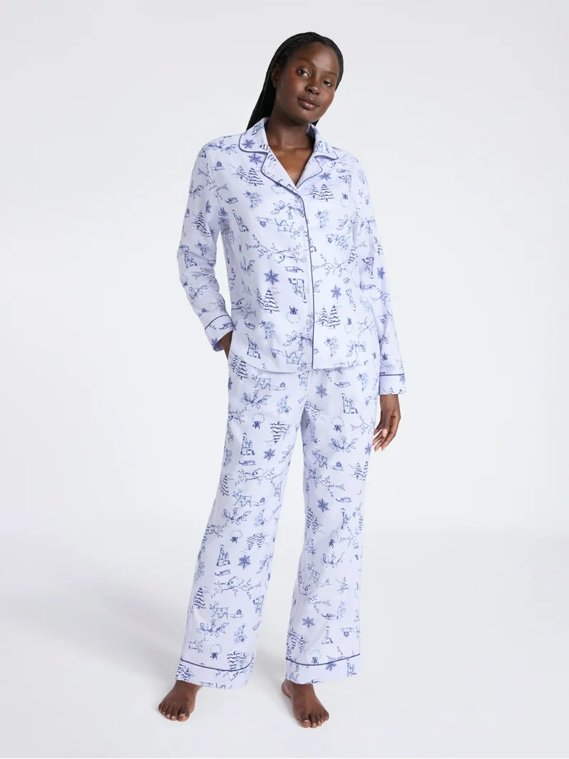 Joyspun Women's Long Sleeve Flannel Sleep Top and Pants Pajama Set, 2-Piece, Sizes XS-3X | Walmart (US)