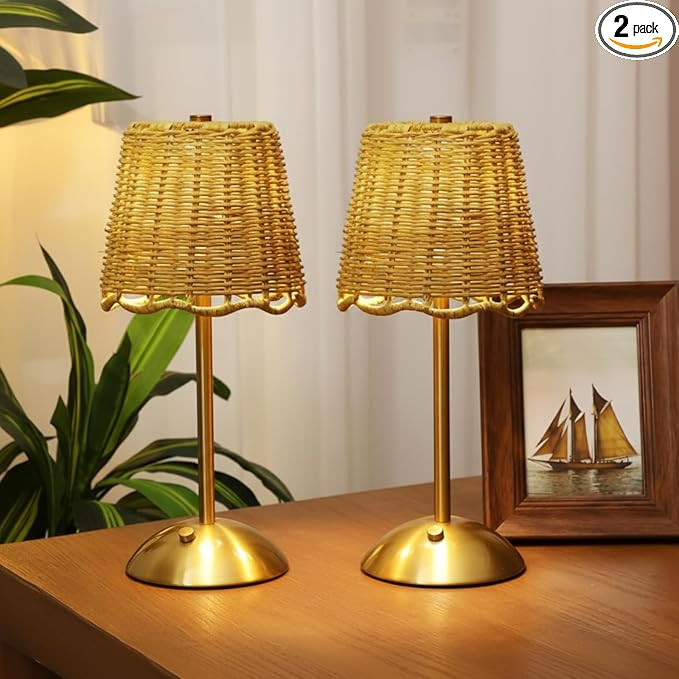 Pickmesh 2 Pack Rattan Table Lamp Woven Boho Table Lamp with Gold Tone Base Wicker Night Light Co... | Amazon (US)