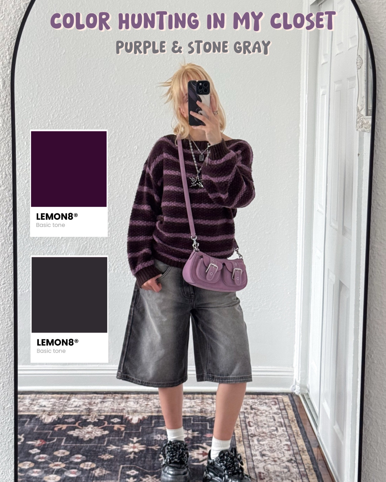 hiii! isn’t this color combination so cute?! i really love how it came out!! to build this outfit i just picked a color to start with. of course for me that would be purple since it’s my favorite :)  then i figured out what color would compliment it. i liked these stone gray jorts with the sweater, so i went with them! then i just picked shoes & a bag in the same color palette :)

for this outfit unfortunately everything was sold out or couldn’t be linked here, so i did my best to find similar stuff for you guys!
here is where everything is from:
sweater - pacsun
jorts - minga london
shoes - koi footwear
bag - coach
 #colorhunting #colorcombo #zerogatekeeping #outfitinspo

#LTKootd