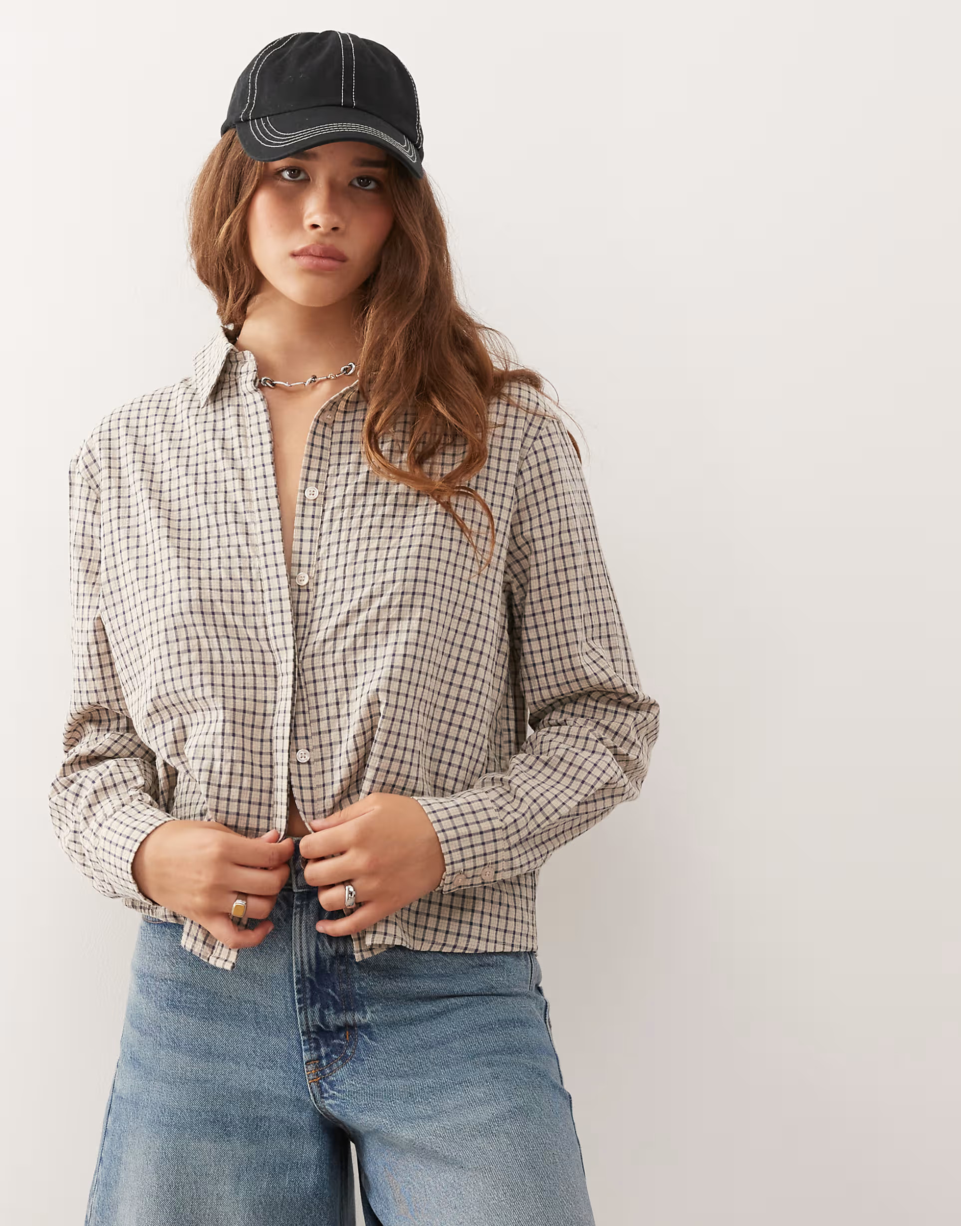 Lioness Nirvana 90s button through fitted shirt in vintage beige check | ASOS (Global)