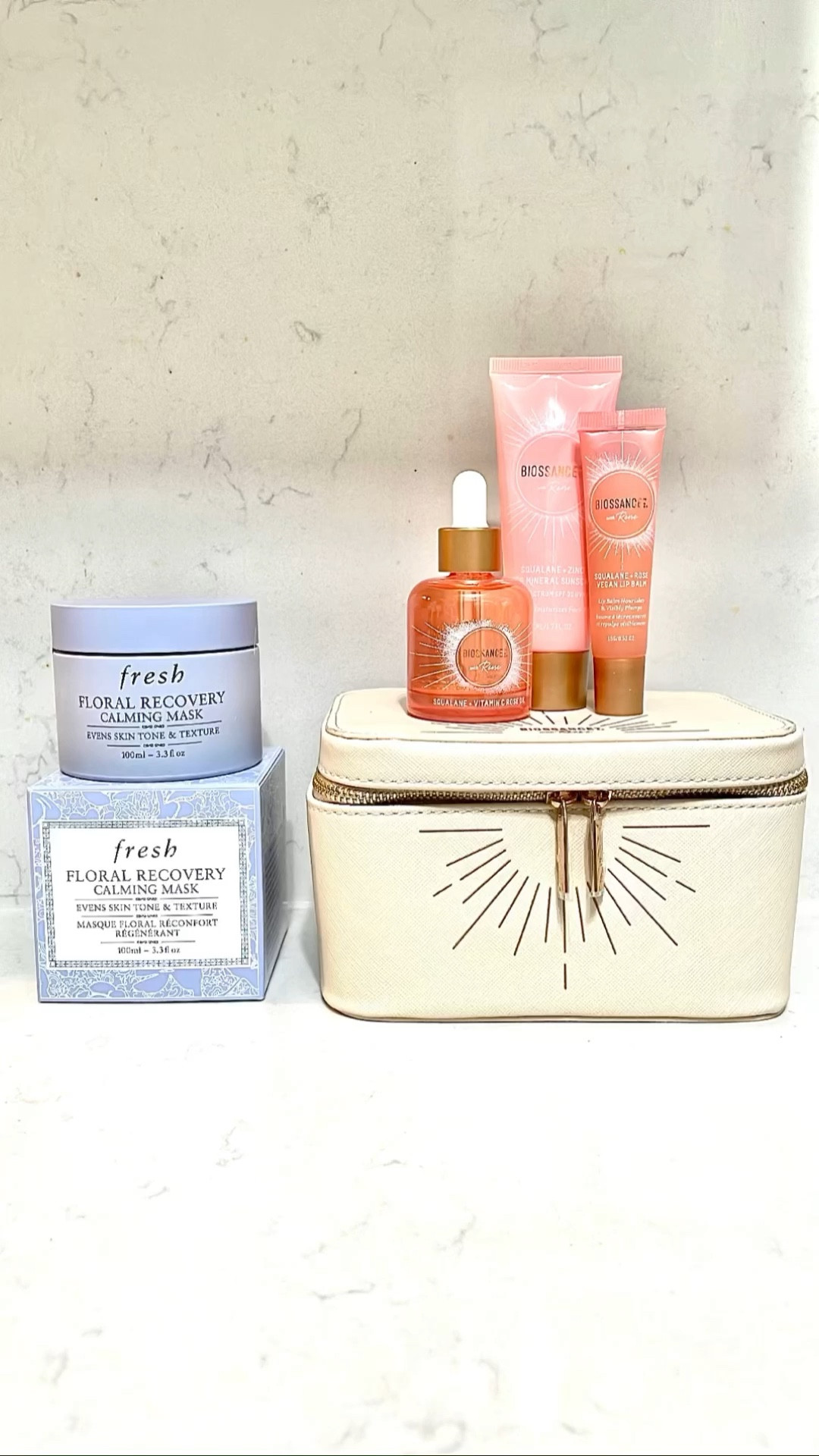 Love this Fresh floral recovery calming mask. If you wear it overnight your skin texture will look smoother in the morning. 

I also ordered this Biossance with Reese gift set after I tried the sample of Squalane, Vitamin C + and rose oil. The set is a great value and it's less than getting the 30ML/1.01 FL oz size by itself since you also get a lip balm, sunscreen and free case for $59.