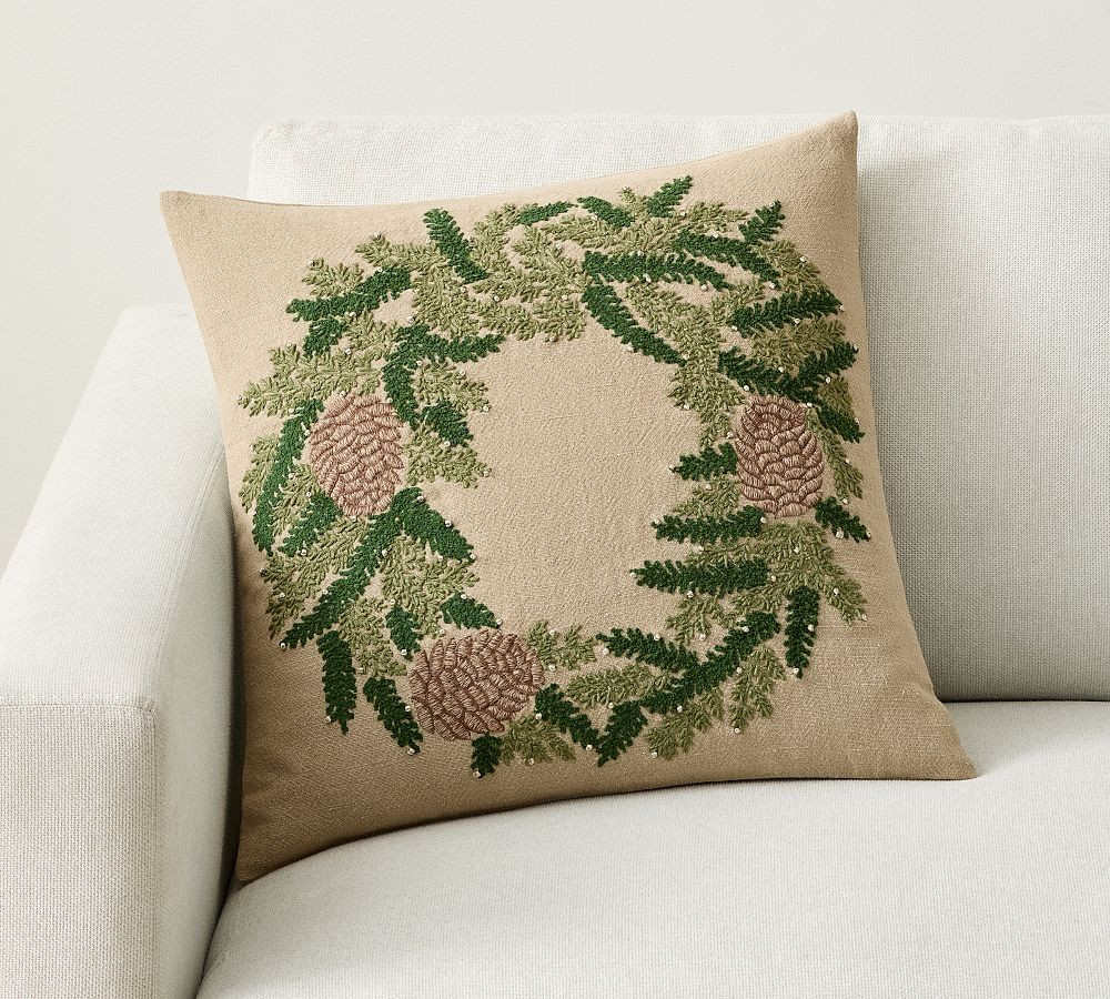 Pinecone Wreath Embroidered Pillow | Pottery Barn (US)