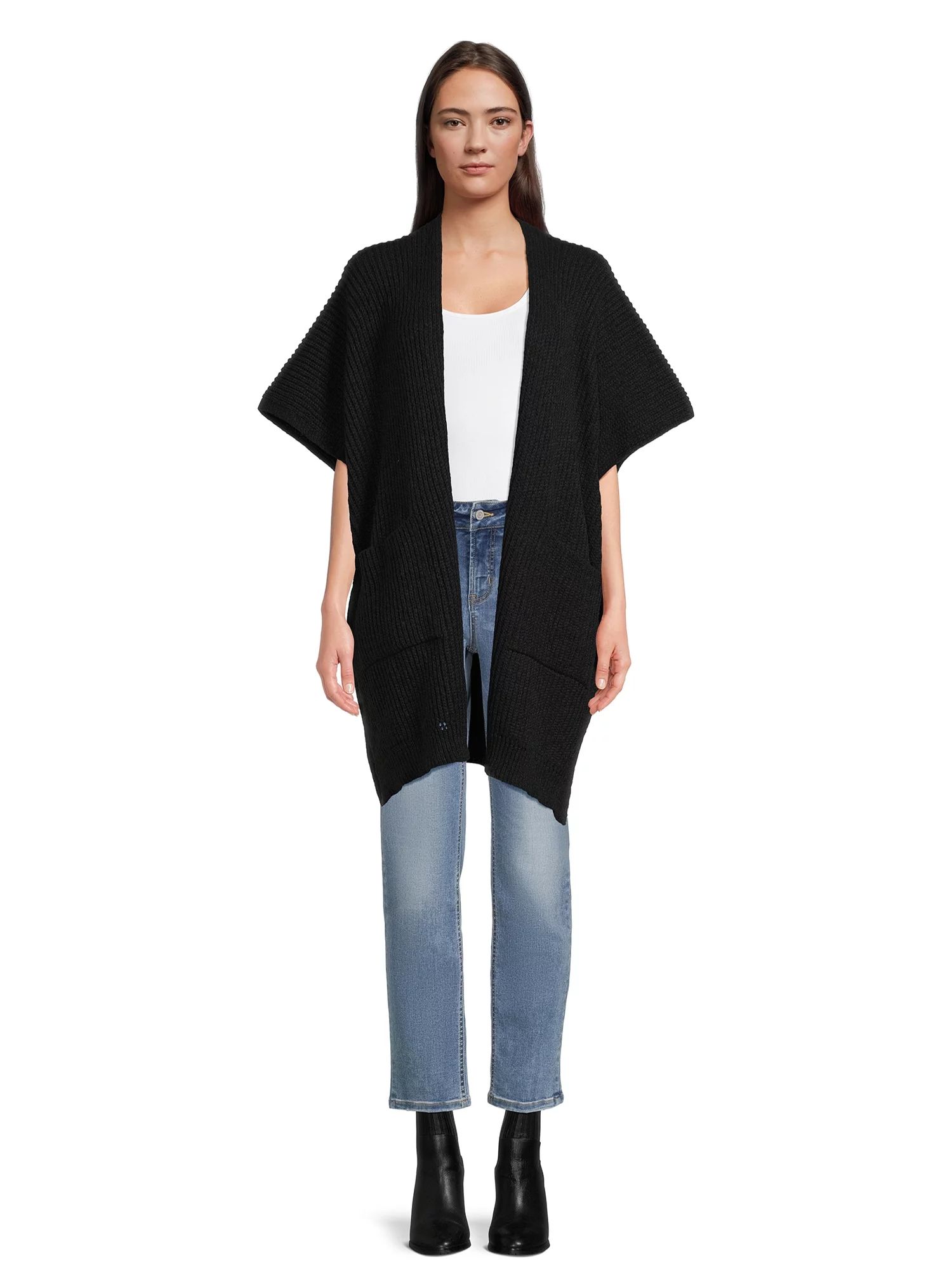 Time and Tru Women's Ribbed Sweater Cape with Pockets, One Size, Black Soot | Walmart (US)