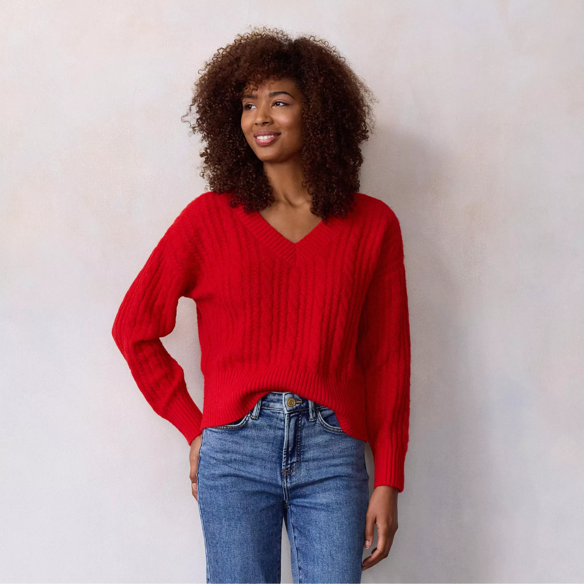 Petite LC Lauren Conrad V-Neck Cable Pullover Sweater | Kohl's