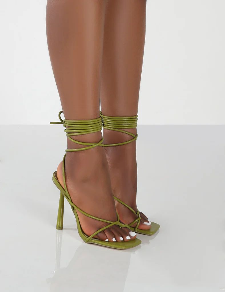 Lacey Olive PU Square Toe Strappy Lace Up Heels | Public Desire (US & CA)