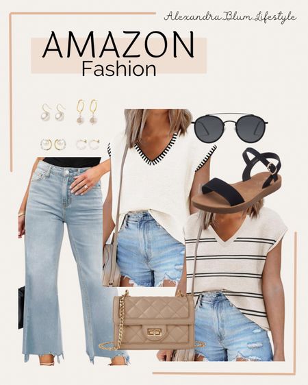 Amazon fashion finds! Amazon trends! Spring outfit idea! Summer outfit idea! Travel outfits! Sweater tank top, cropped ripped hem jeans, beige purse, black strap sandals, black sunglasses, and earring set! 

#LTKStyleTip #LTKFindsUnder50 #LTKMidsize